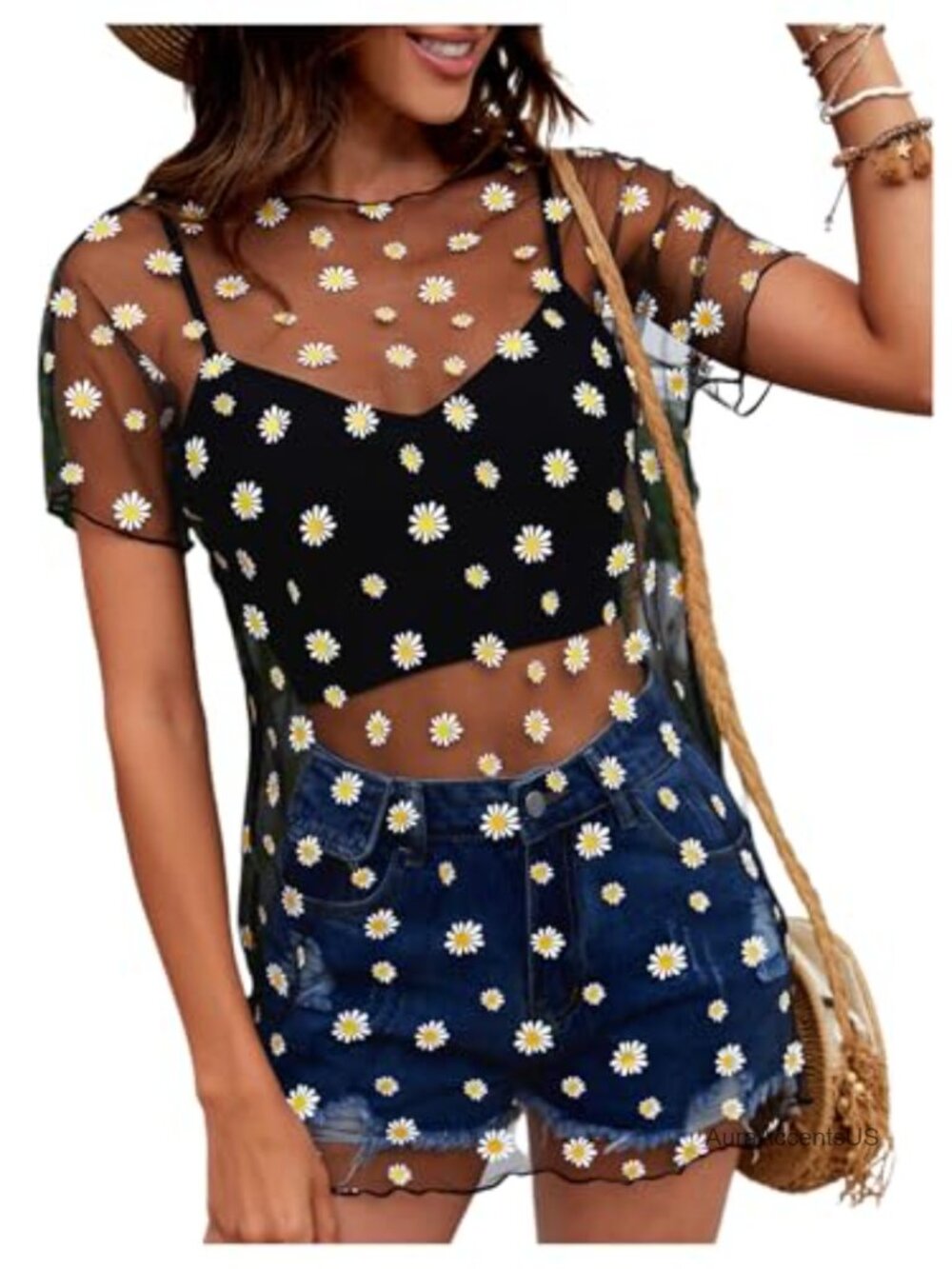 Sheer Mesh Floral Cover Up Short Sleeve Beach Dress